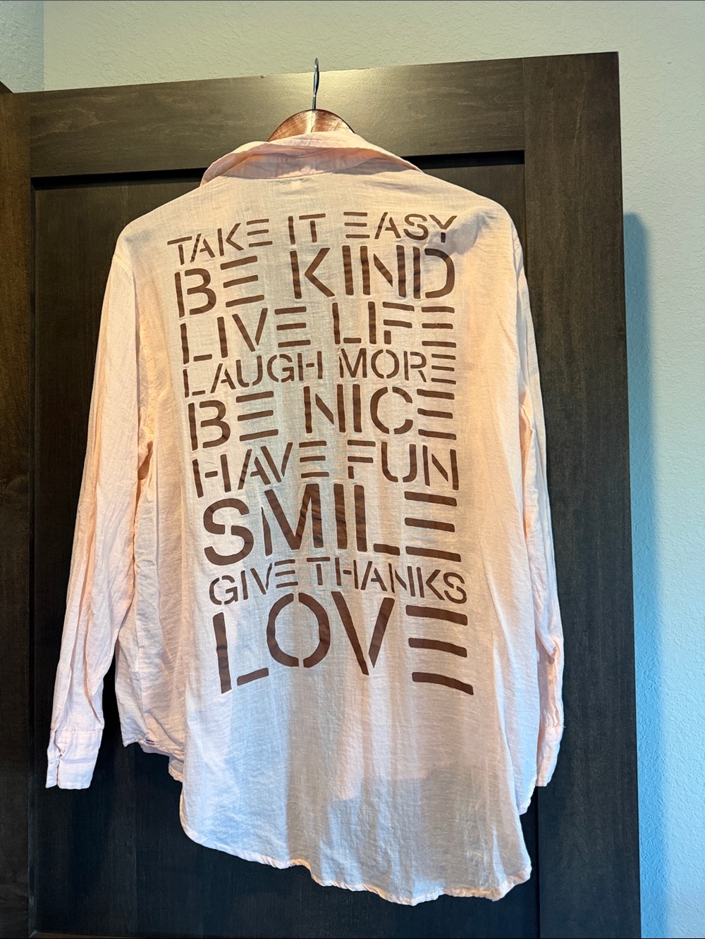 Sundry Peach Button-Down Shirt with Brown Text Back Print